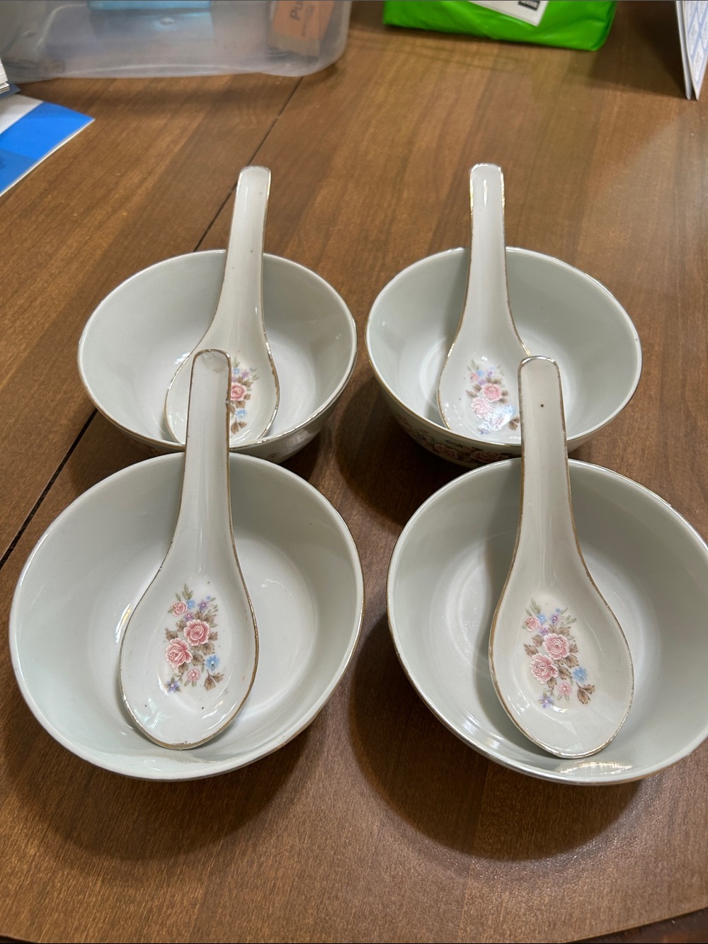 Asian Porcelain Soup Bowls w/ Matching Spoons - White w/Pink & Blue Rose Design